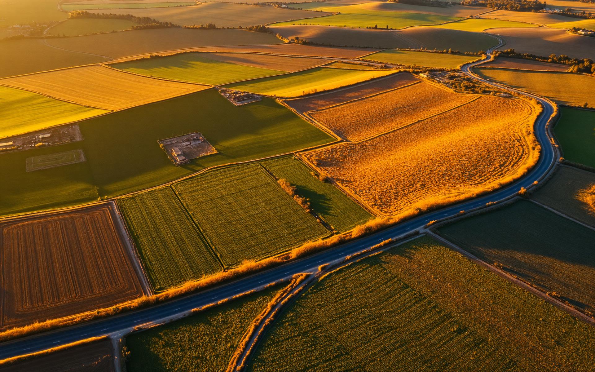 Vista aérea de campos agrícolas en Aragón, España al atardecer